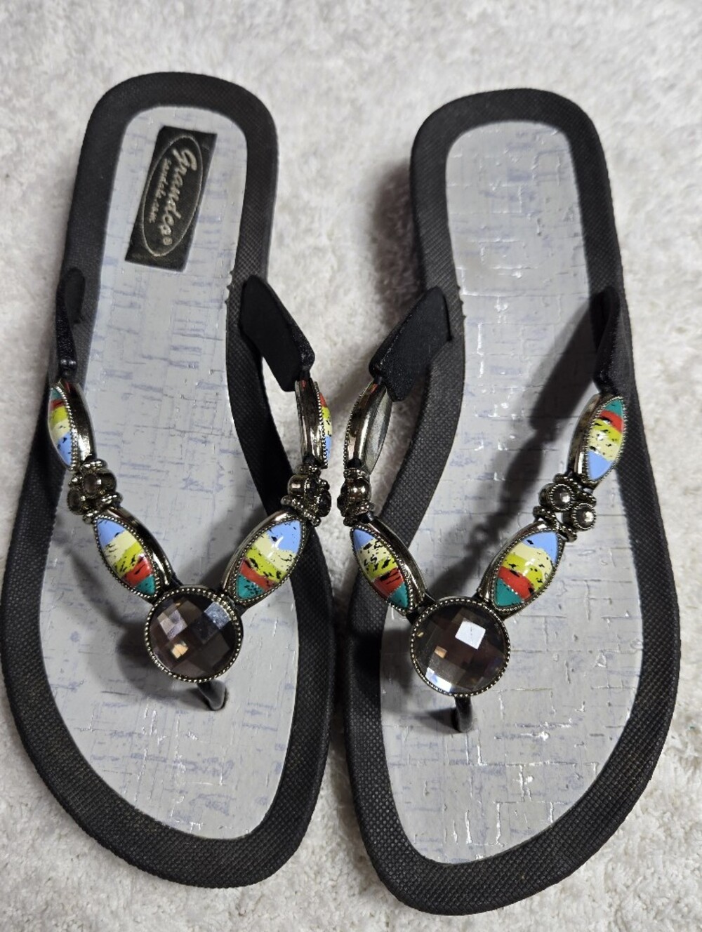 Grandco black jeweled thong sandals vibrant multi-colored patterned Stones Sz 8